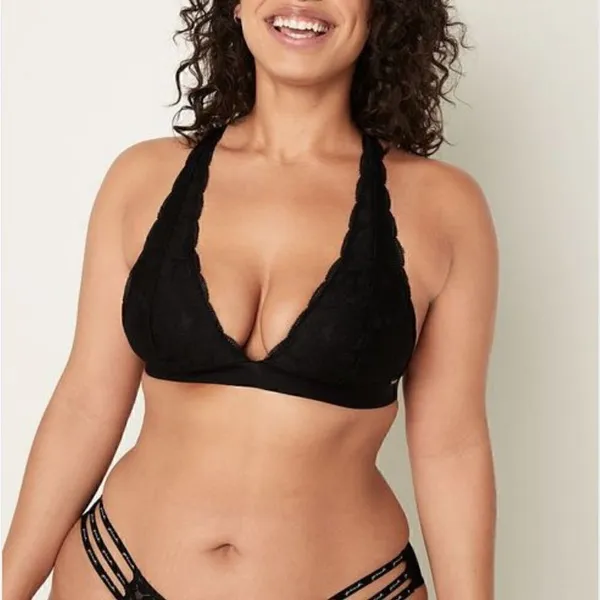 PINK Victoria’s Secret Black Lace Strappy Back Halterneck Bralette - Image 4