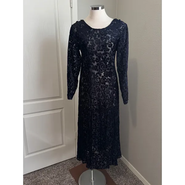 Vintage Caron Joy Sheer‎ Velvet Burnout Dress Floral Long Sleeve Maxi Evening - Image 8
