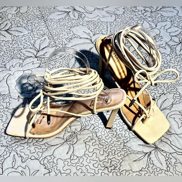 SIMMI LONDON Snake Embossed Cream Square Strappy Lace Up Stiletto Heels Sz 8 - Image 2