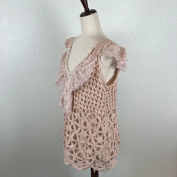 Baby pink BoHo fairycore‎ coquette crochet floral lace tank sweater women’s L￼ - Image 5