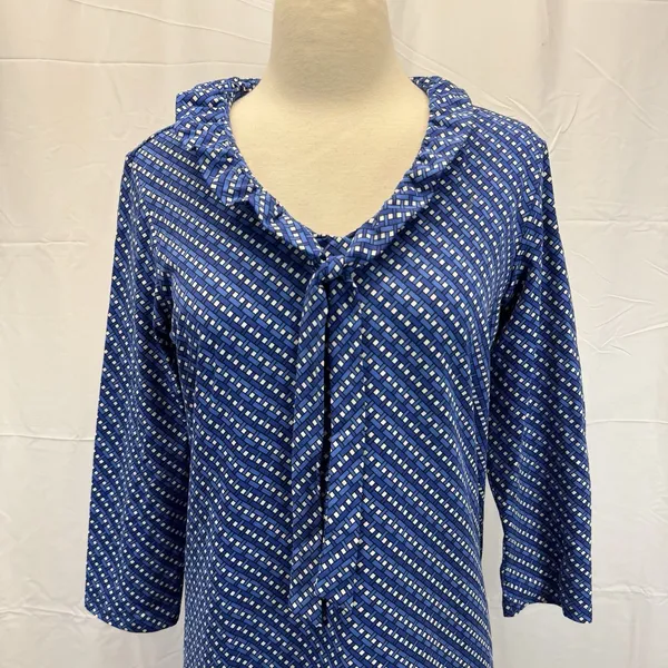 J. McLaughlin Catalina Jaclyn Dress M 3/4 Sleeve Ruffle Neck Tie Blue Stretch - Image 3