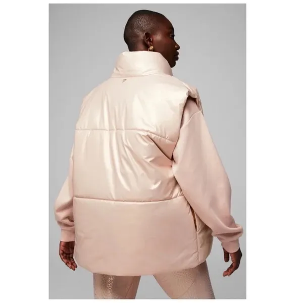 Fabletics Oversized Reversible Puffer Vest Women's Size L Pink Tan Gorpcore‎ - Image 9