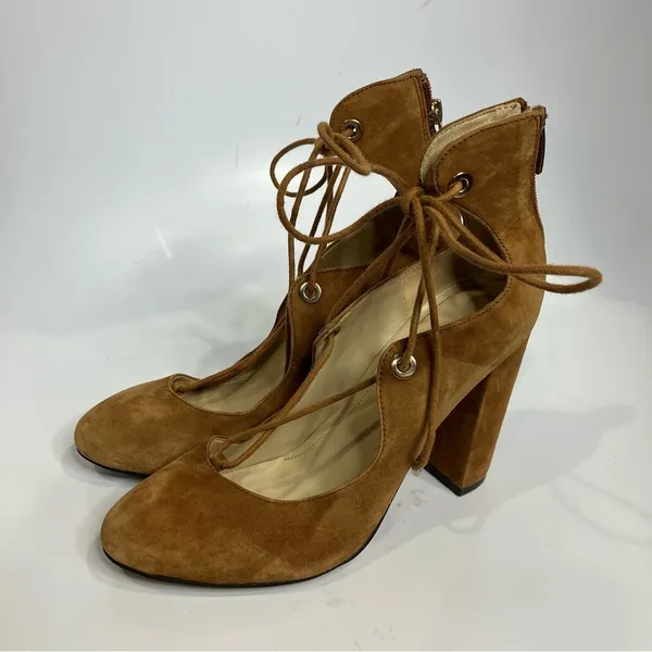 Marc Fisher Stevee lace up heels block heels‎ caramel size 7.5 trendy dressy - Image 3