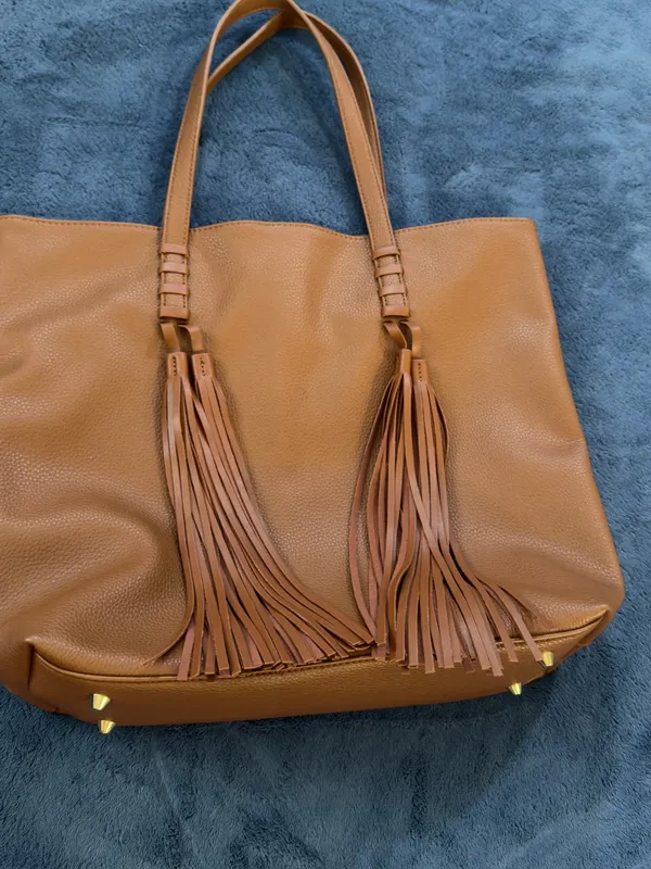 Tassel Detail Leather Tote in Cognac Brown - Image 3