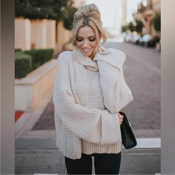 Goodnight Macaroon Retta Cognac Ribbed Waffle Knit Oversized Cropped Turtleneck - Image 4