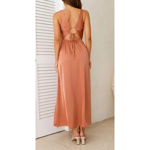Hello Molly Piece Of Your Love Satin Maxi Dress Rust Coral Peach Pink 2 - Image 4