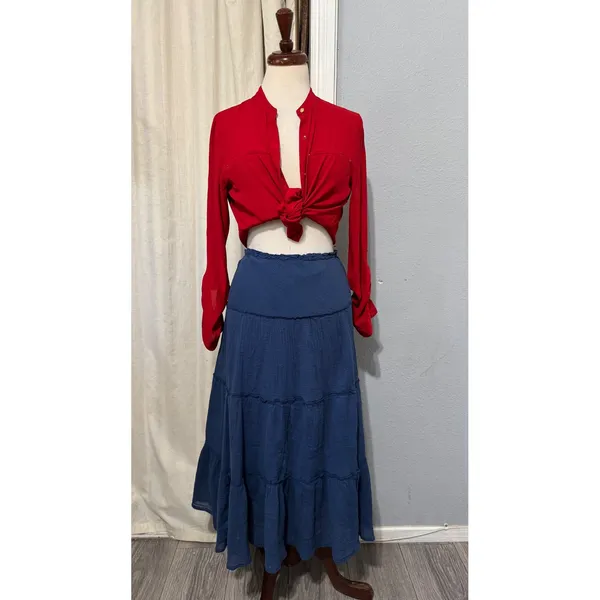 Chaps Maxy SKirt L‎ Navy Blue Crinkle Gauze Tiered Large Boho 100% Cotton Flowy - Image 3