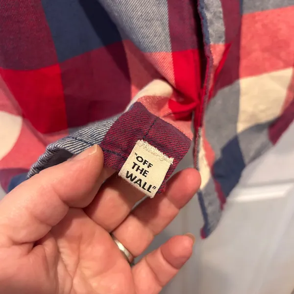 Vans Plaid Flannel Shirt Long Sleeve‎ Button Up Red Blue Cream Mens Large Y2K - Image 6