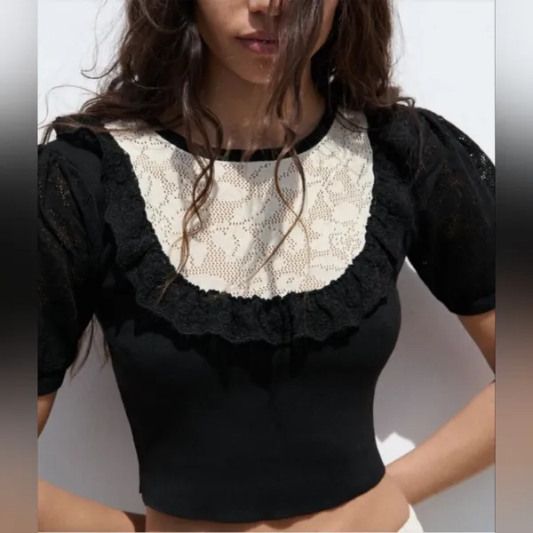 Zara Black Ecru Lace Trim Pointelle Knit Sweater Short Sleeves Size:M NWOT - Image 2