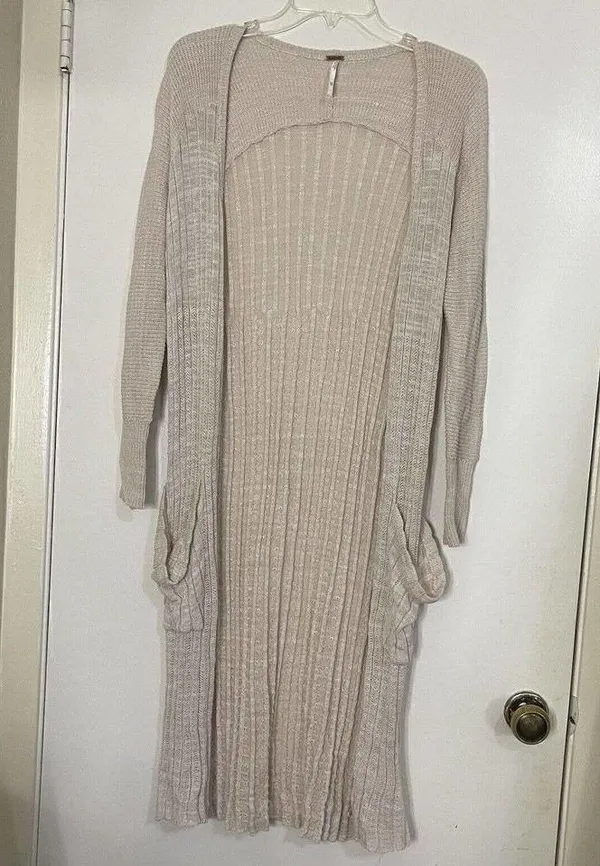 FREE PEOPLE tan knit long lightweight ribbed duster cardigan sweater size XS - Image 5