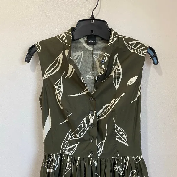 Aspesi Green Leaf Print Midi Dress A Line‎ Italian Designer Chic Size 40 - Image 5