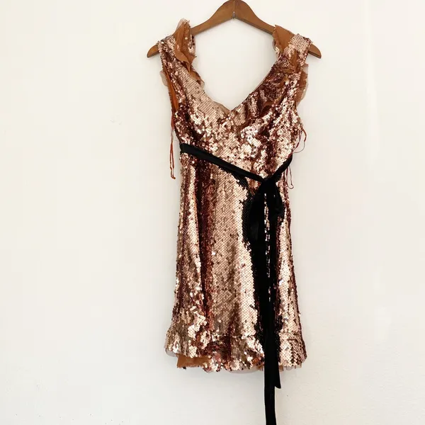 NWT Free People Sequin Siren Mini Dress Velvet Tie SZ-2 All Over Sequins - Image 9