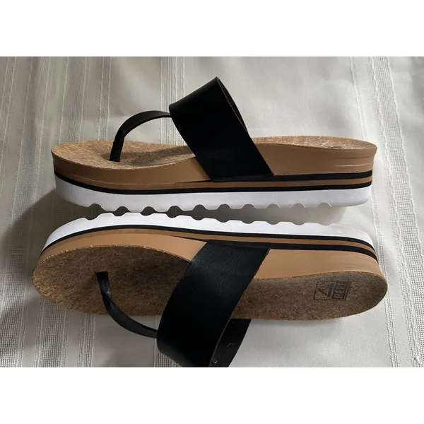 REEF Cushion Sol Hi Platform Flip Flop Sandals Black Tan Womens 9 Cork Wedge EUC - Image 8