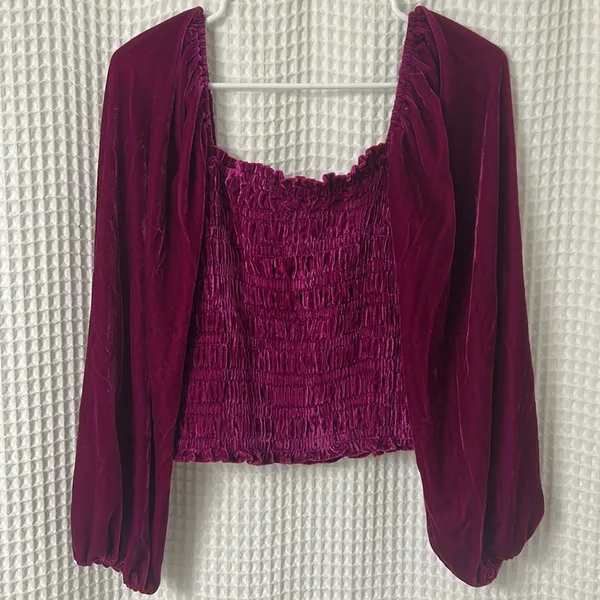 Anthropologie Smocked Velvet Puff Sleeve Pink Magenta Square Neck Blouse Small - Image 9