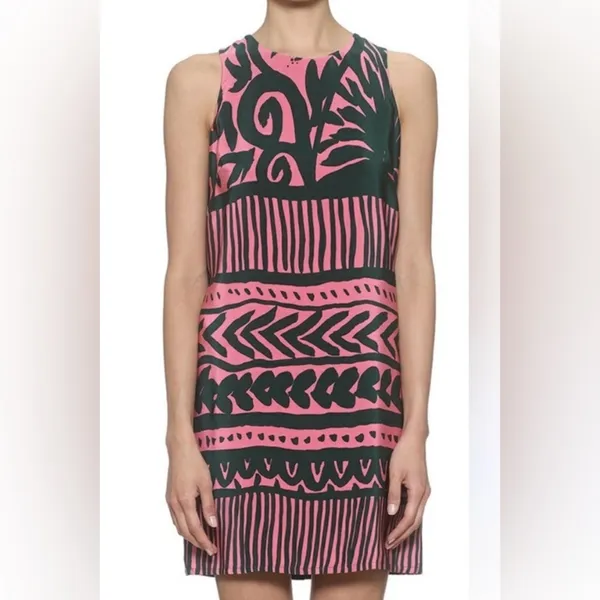 Whistle 100% Silk Green and Pink Sleeveless Shift Mini Dress Sz-10 - Image 4