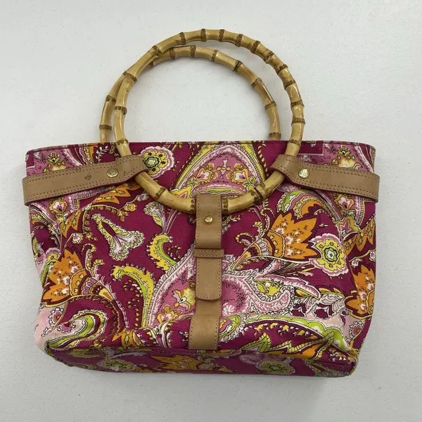 Ralph Lauren Vachetta‎ Leather Paisley Canvas Purse Handbag Round Bamboo Handle - Image 8