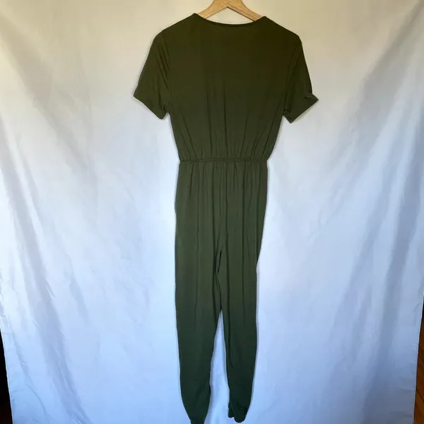 olive green button front drawstring waist jumpsuit‎ pockets women's size small - Image 8