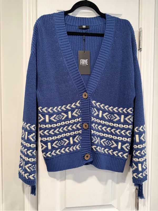 NWT FRYE Size L Blue Cream Fair Isle Fringe Cotton Button Cardigan Sweater Boho - Image 2