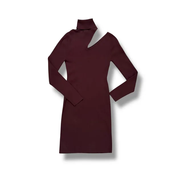 ALC Burgundy Ribbed Turtleneck Cutout‎ Long Sleeve Mini Dress Size L - Image 2