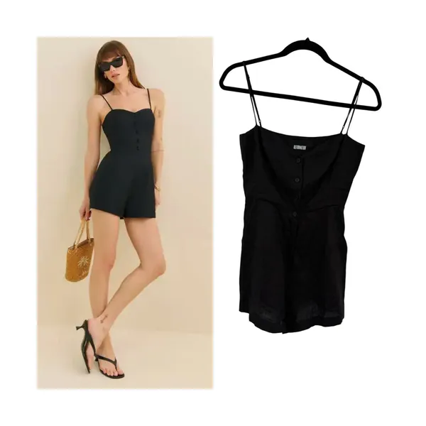 Reformation Blanca Linen Romper Black Button‎ Front Sleeveless Size 00 - Image 2