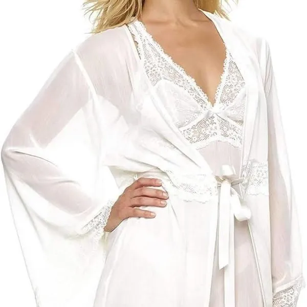 Jezebel Ivory Chiffon Lace Trim Robe Kimono‎ Sheer Bridal Loungewear OV-1601 S/M - Image 5