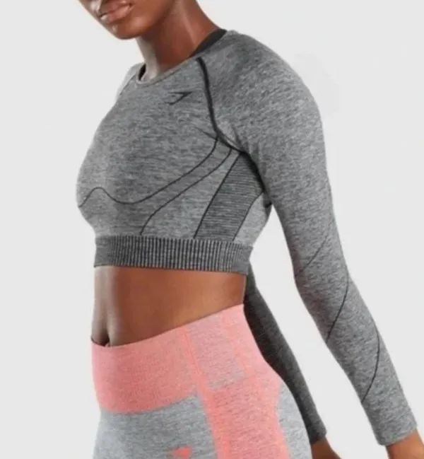Gymshark hyper-amplify seamless long sleeve crop top in black marl size L - Image 2