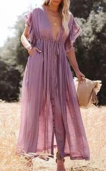 VICI Mauve Purple Button Front Cinched Waist Maxi Dress - Image 3