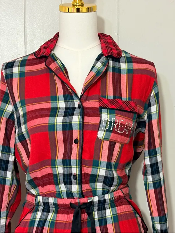 Victoria’s Secret Elsa Plaid Flannel Sleep Romper Red Tartan XS - Image 3