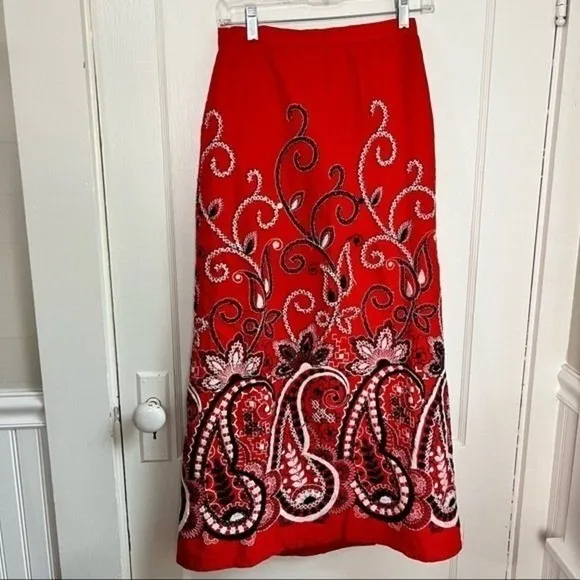 Red Embroidered Paisley Boho Maxi Skirt Small Peasant Maximalist - Image 2