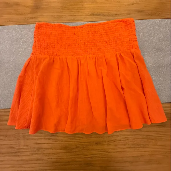 Free People Orange Smocked Elastic Waist Mini Skirt Pleated Gauze Ruffles Large - Image 3