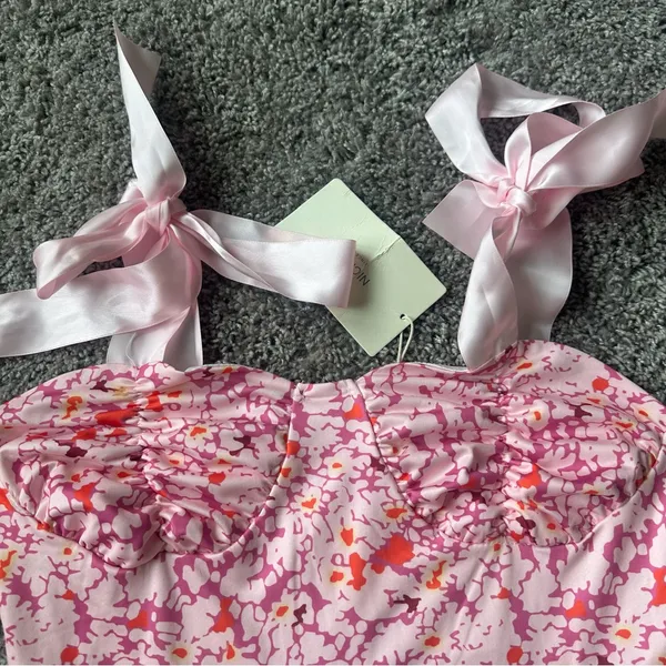 Floral Pink and Orange Dress with Ribbon Straps - Image 4