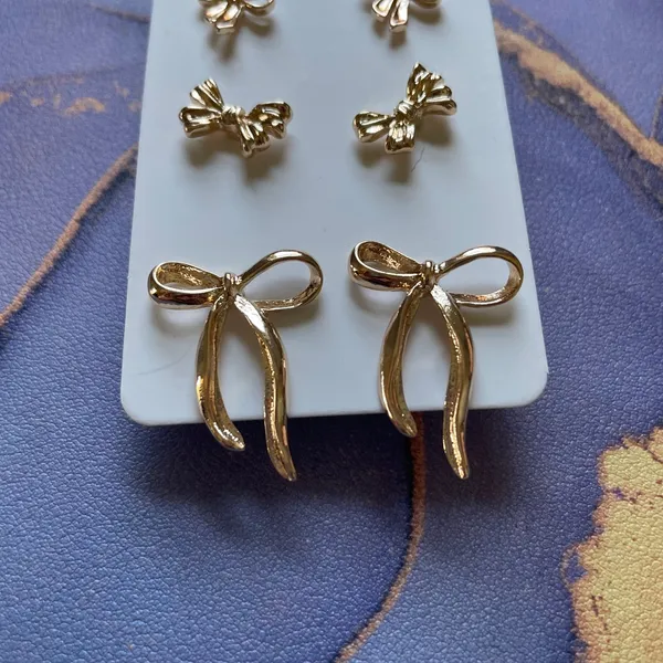 Gold Tone Bow‎ Stud Earrings Set Women Jewelry Set - Image 3