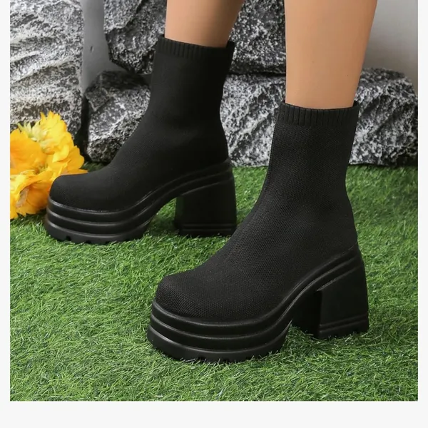 Amazon Black Chunky Heeled Sock Boots - Image 8