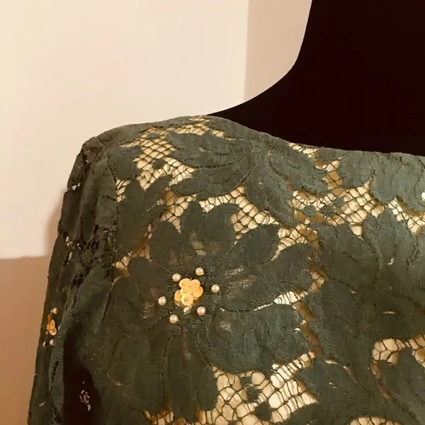 UNBRANDED Hand-Made Vintage 60s Green Lace Yellow Satin Beaded Fitted Dress XXS - Image 7