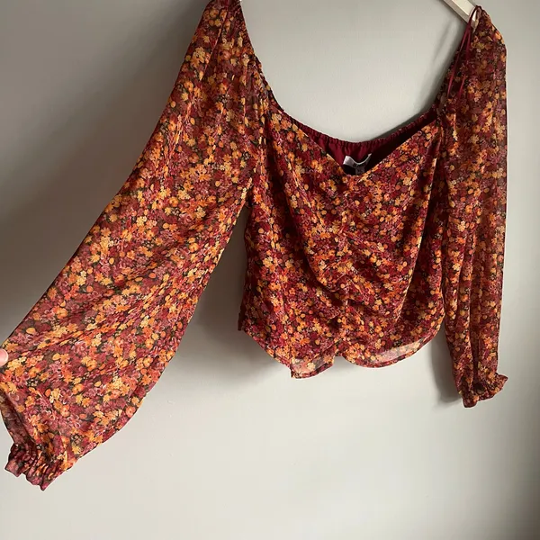 NWT BB Dakota Long Sleeve Orange floral Print Long Sleeve 70s Style Blouse sz XL - Image 9