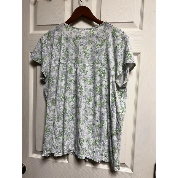 Vera Wang Womens Floral Button Front Nightgown Top Lace Trim Blue Green Rose Print - Image 2