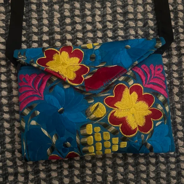 Blue and yellow crossbody bag with a unique, hand-sewn design No flaws and perfect condition/never used Zipper and additional pockets inside - Image 2