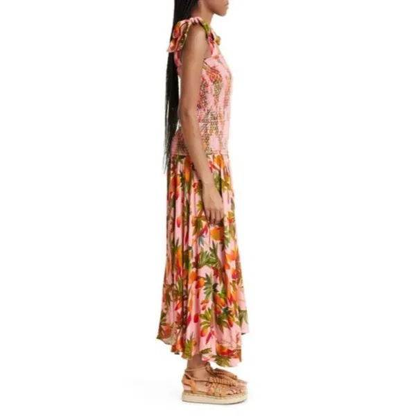 FARM RIO Mango Trees Smocked Bodice Midi Dress in Mango Trees Pink Size Small - Image 4