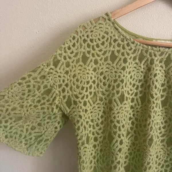 Sundance Light Sage Green Lace Embroidered Mesh Textured Short Sleeve Blouse - Image 2