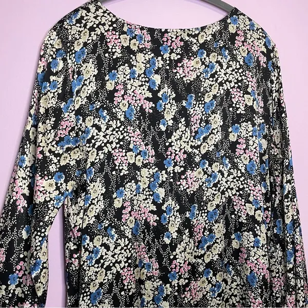 Vintage Express Slip Dress Long Sleeves Black Blue Ditsy Floral Y2K Large - Image 6