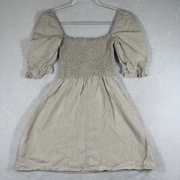 Reformation Oatmeal Beige‎ 100% Linen Smocked Puff Sleeve Mini Dress Size S - Image 7