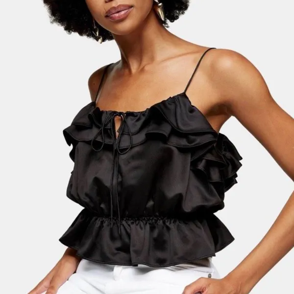 Topshop‎ Ruffle Detail Black Cami Blouse Size 6 - Image 3