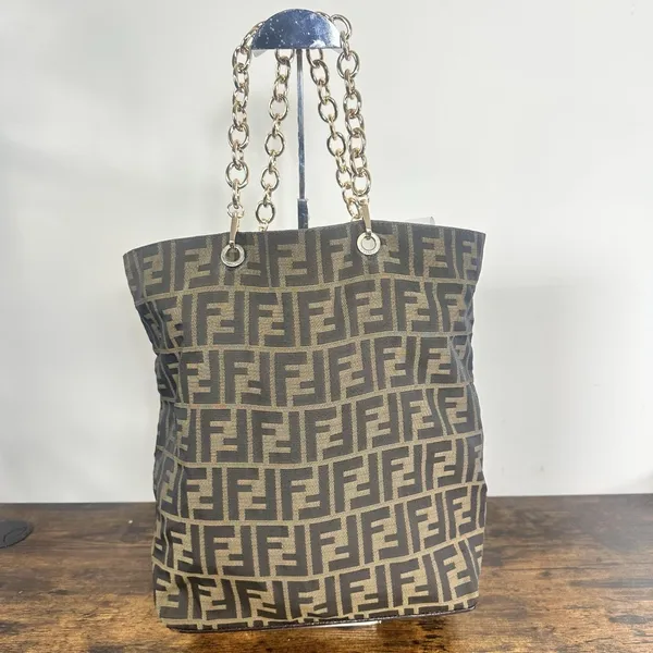 Fendi Vintage Zucca Tote Bag Womens Large Brown Canvas Leather Chain Strap Italy - Image 2