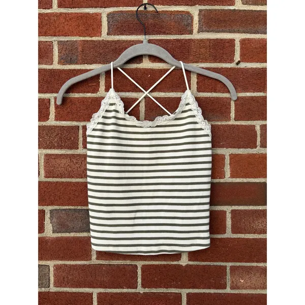 American Eagle Lace Trim Striped Cami Tank Top XS Olive Ivory Y2K Cottagecore - Image 2