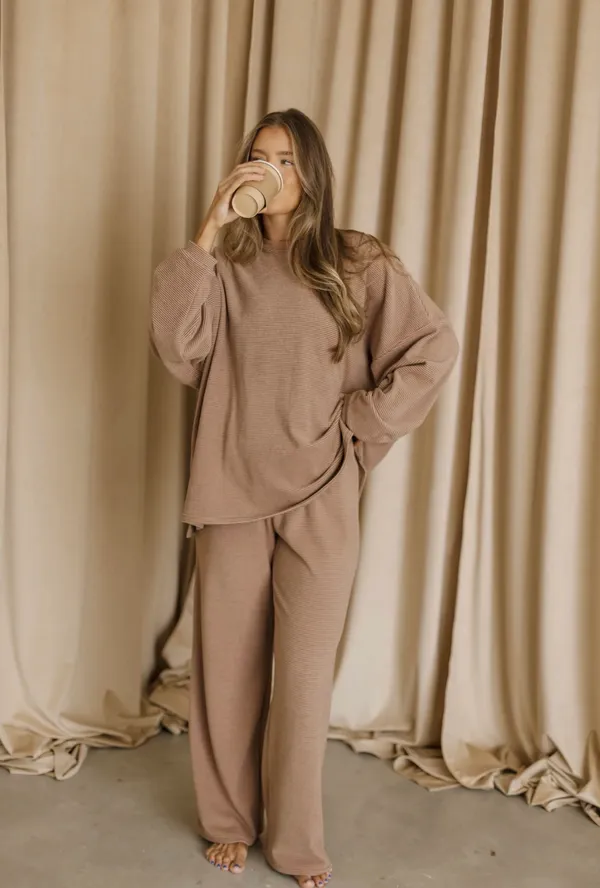 Mauve Striped Fleece Set Brown Size top is m/l : bottom is l/xl - Image 2