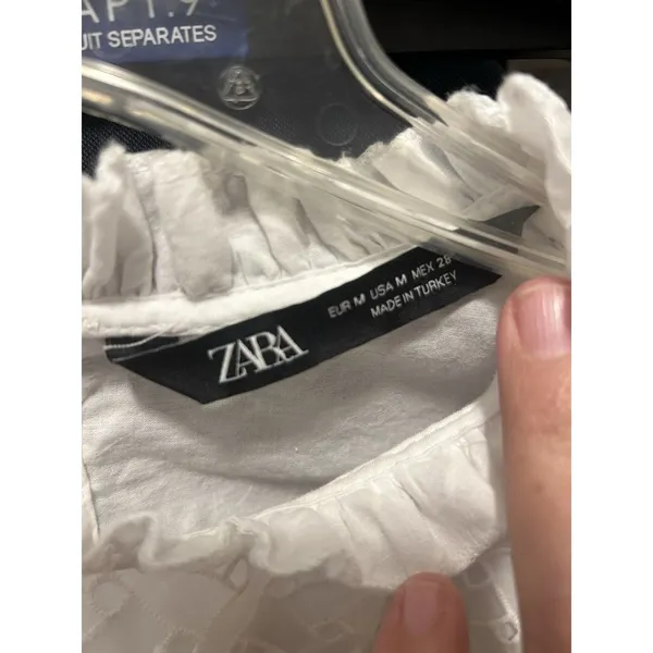 Zara White High Neck Blouse with Layer Embroidered Puff 3/4 Sleeves Size Medium - Image 2