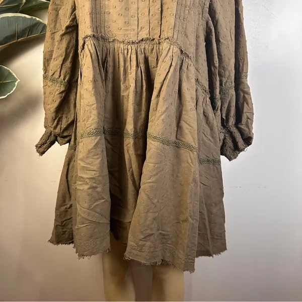 Anthropologie Pilcro Long Sleeve Mock Neck Dress Sz M Lace Loose Brown Swiss Dot - Image 5