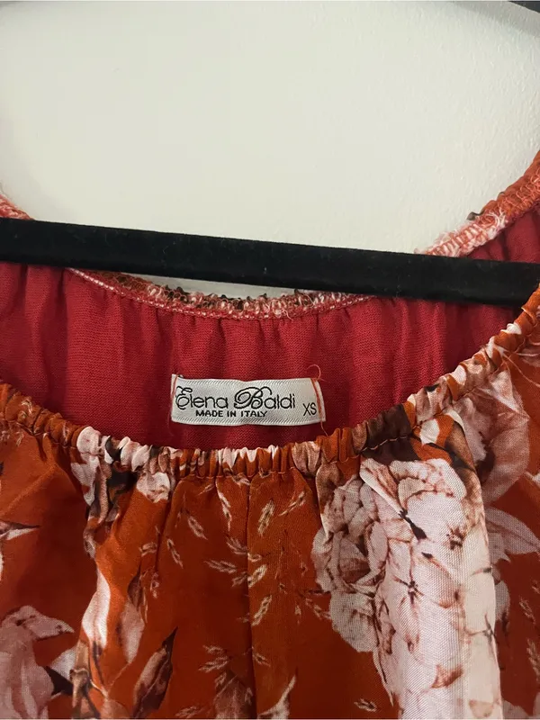 Rust Orange Silk Floral Mini Dress XS Euro Summer Resort Romantic Flutter Sleeve - Image 2