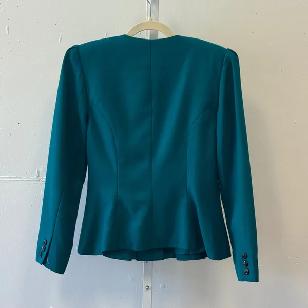 Lord & Taylor Vintage Teal Wool Flannel Blazer Collarless Button Front Jacket‎ 4 - Image 2