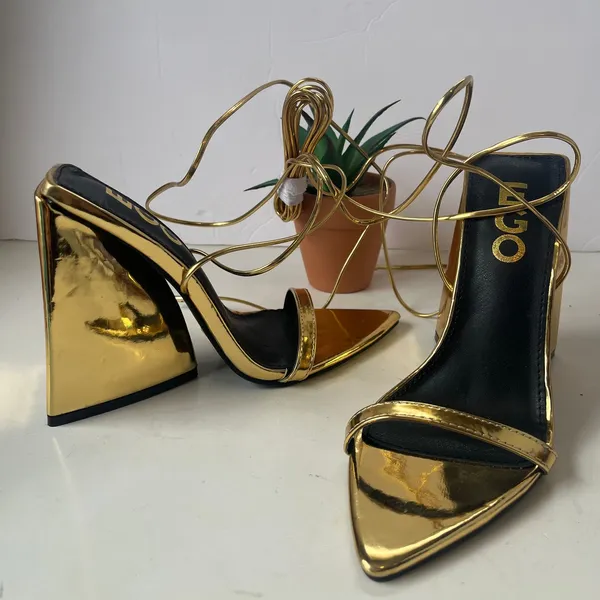 EGO Gold Lace Up Chunky Heel Womens Shoes Sz 5 Y2K Club Glam Metallic Pointed - Image 12